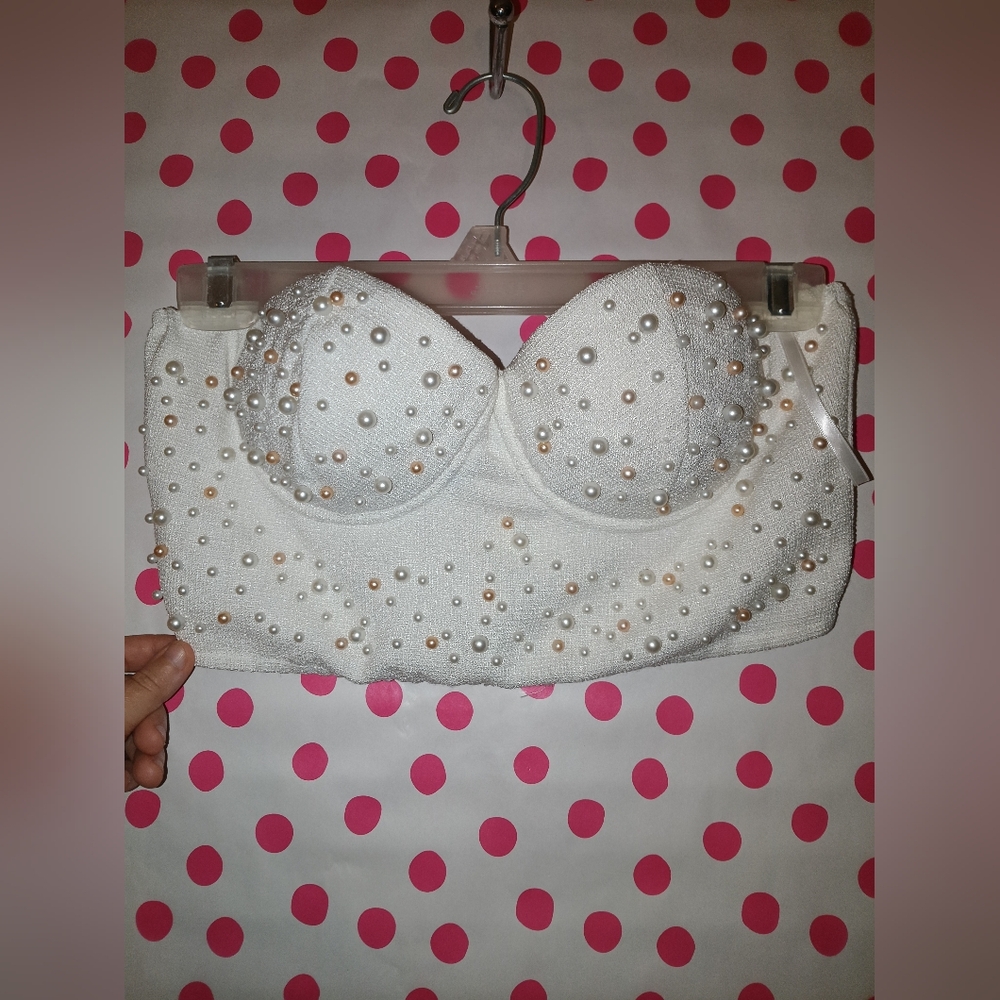 Bridge White Pearl-Embellished Strapless Bustier Top ,Medium EUC